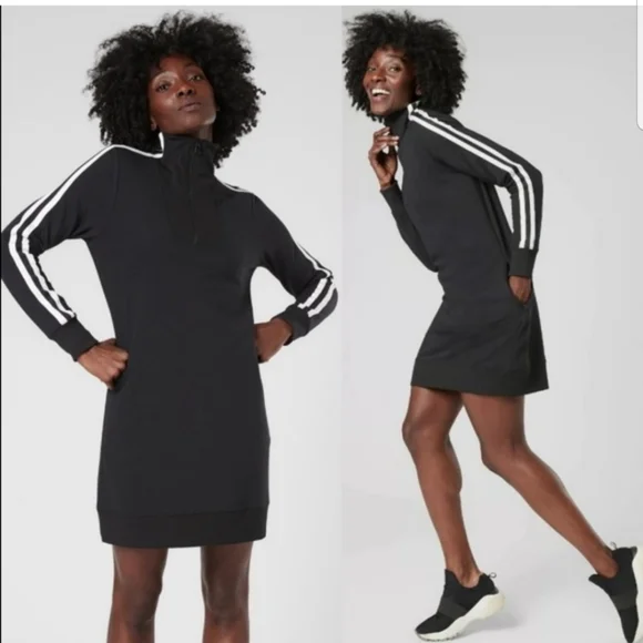 Athleta Circa Black With White Stripes Longsleeve Mini Track Dress - Picture 1 of 15